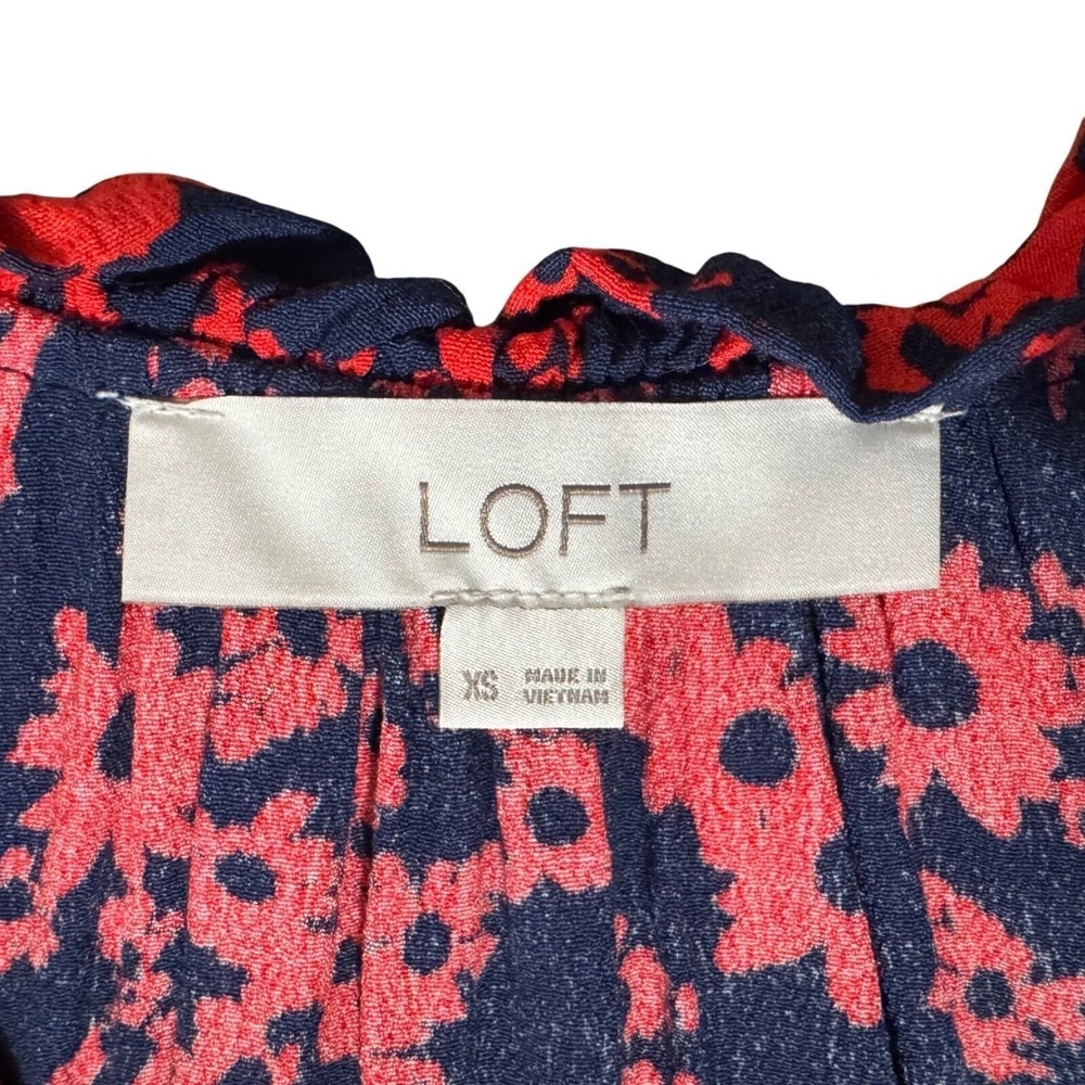 LOFT Dress XS Navy Blue Red Floral Print Drop Waist Ruffle Mini Cottagecore - Picture 3 of 8